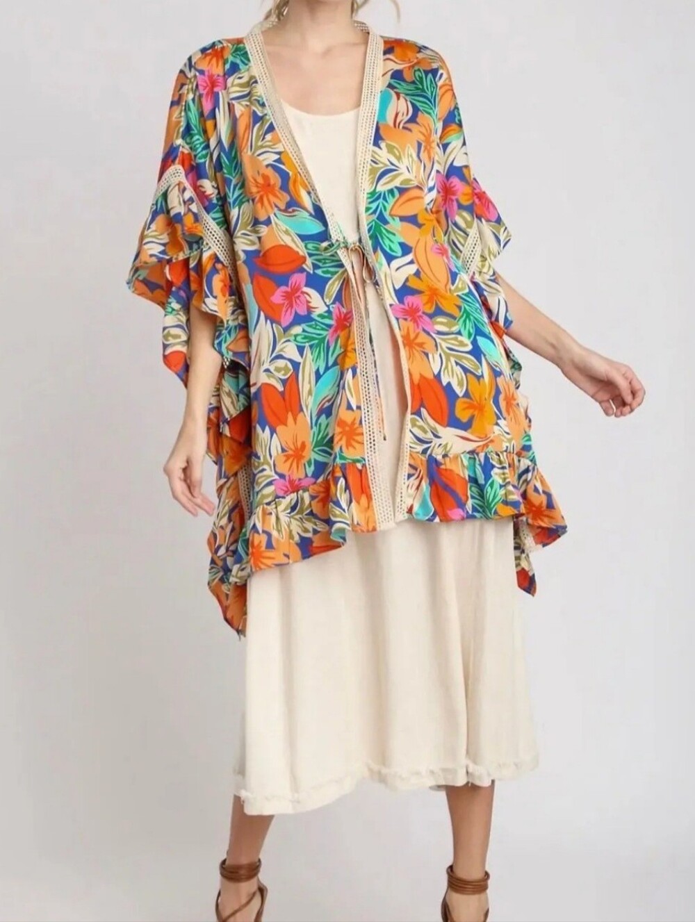 Umgee Multicolor Tie-Front Floral Kimono with Lace Accents | Size M/L - NWT